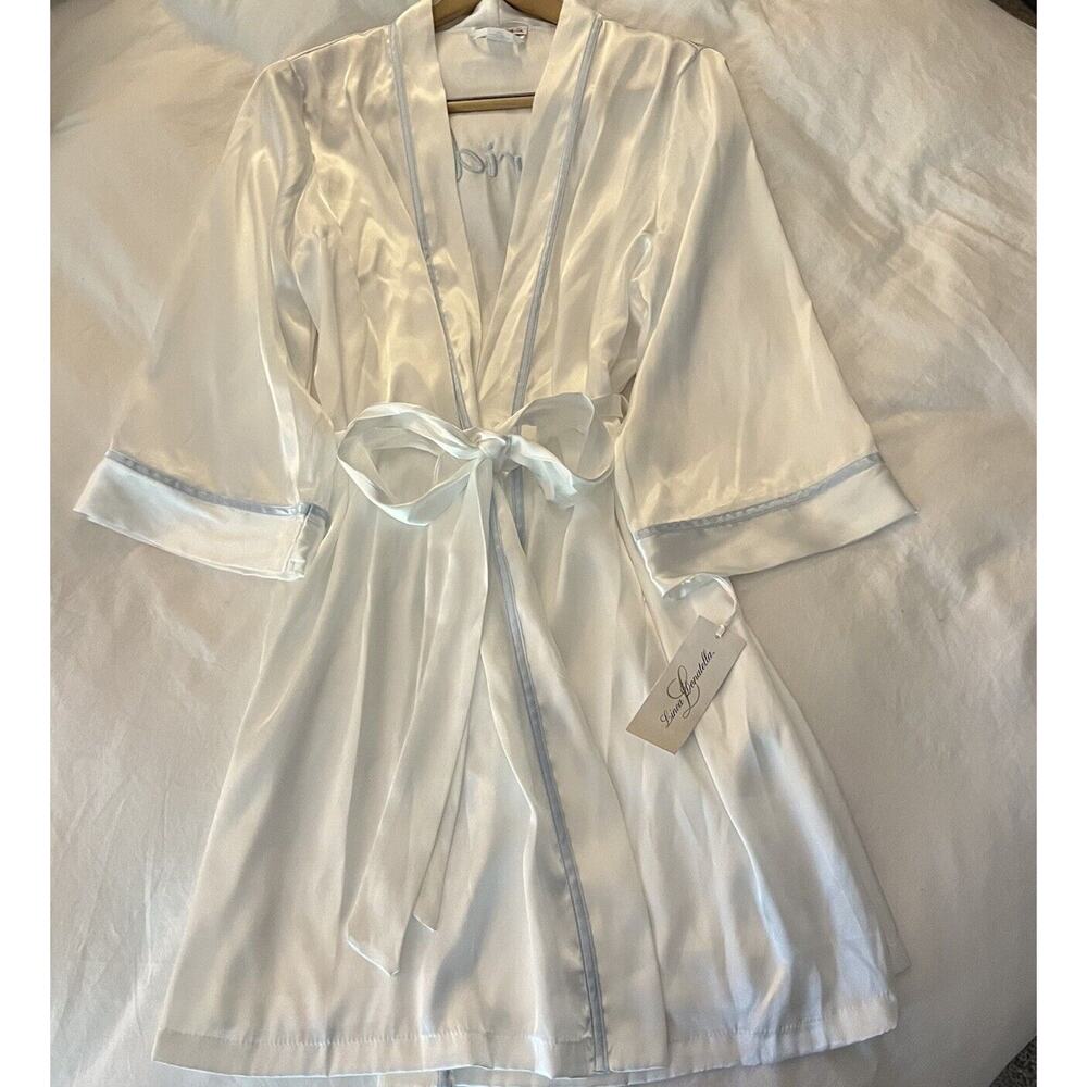 Linea Donatella White Satin Robe with Blue Trim
